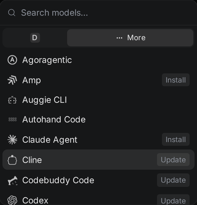 The agent menu with More open. Amp and Claude Agent show Install. Cline, Codebuddy Code and Codex show Update.