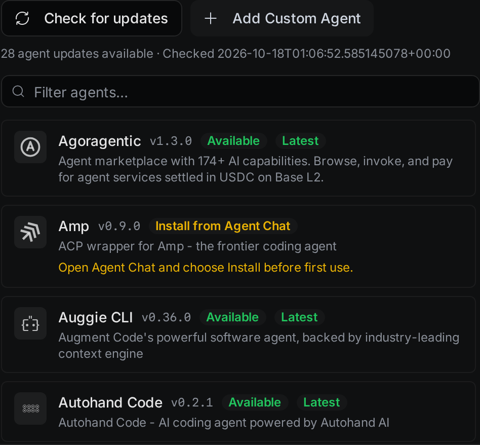 The agent list in Settings. Agoragentic shows Available and Latest. Amp shows Install from Agent Chat.