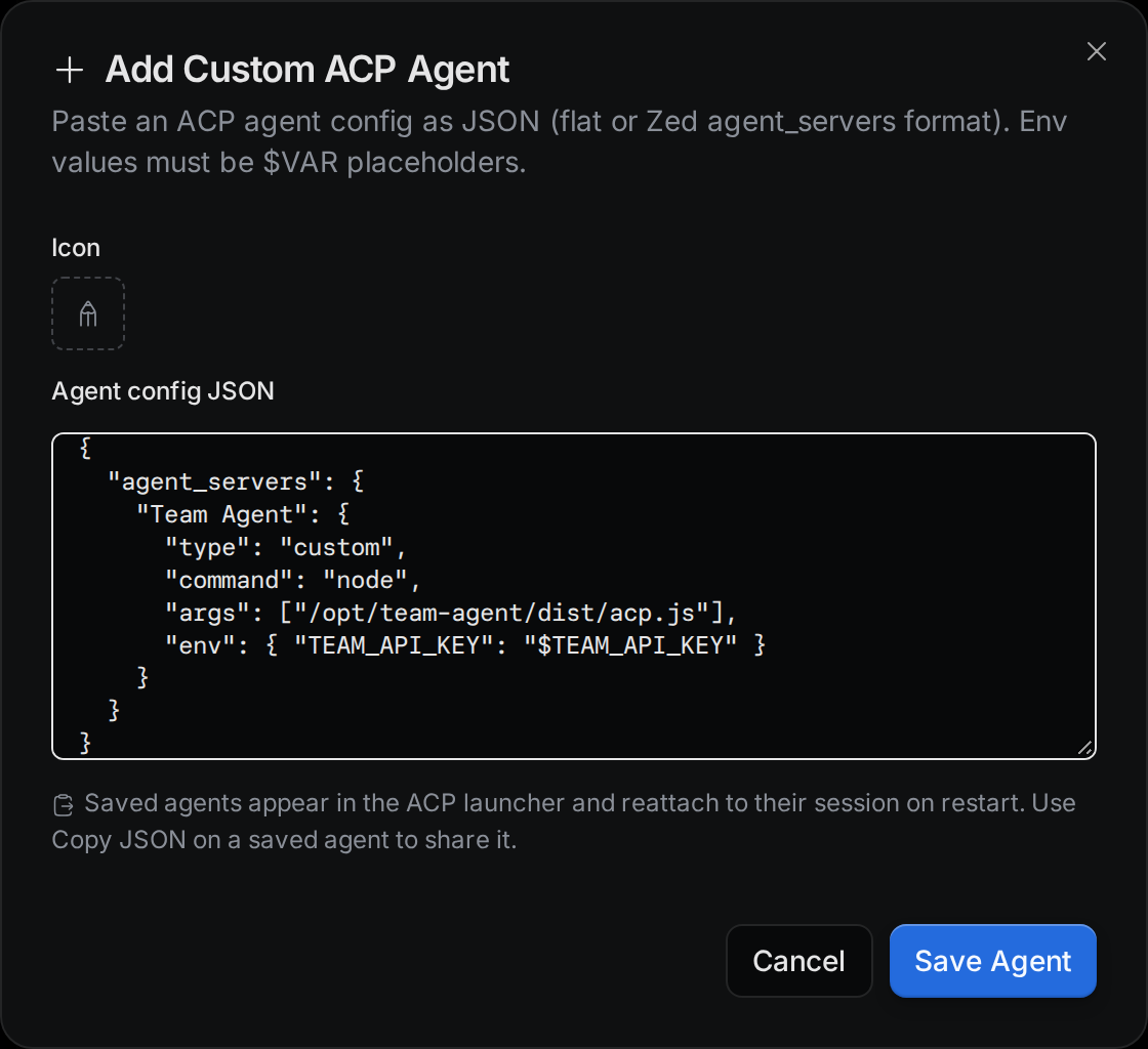 The Add Custom ACP Agent dialog with a Zed agent_servers config pasted in