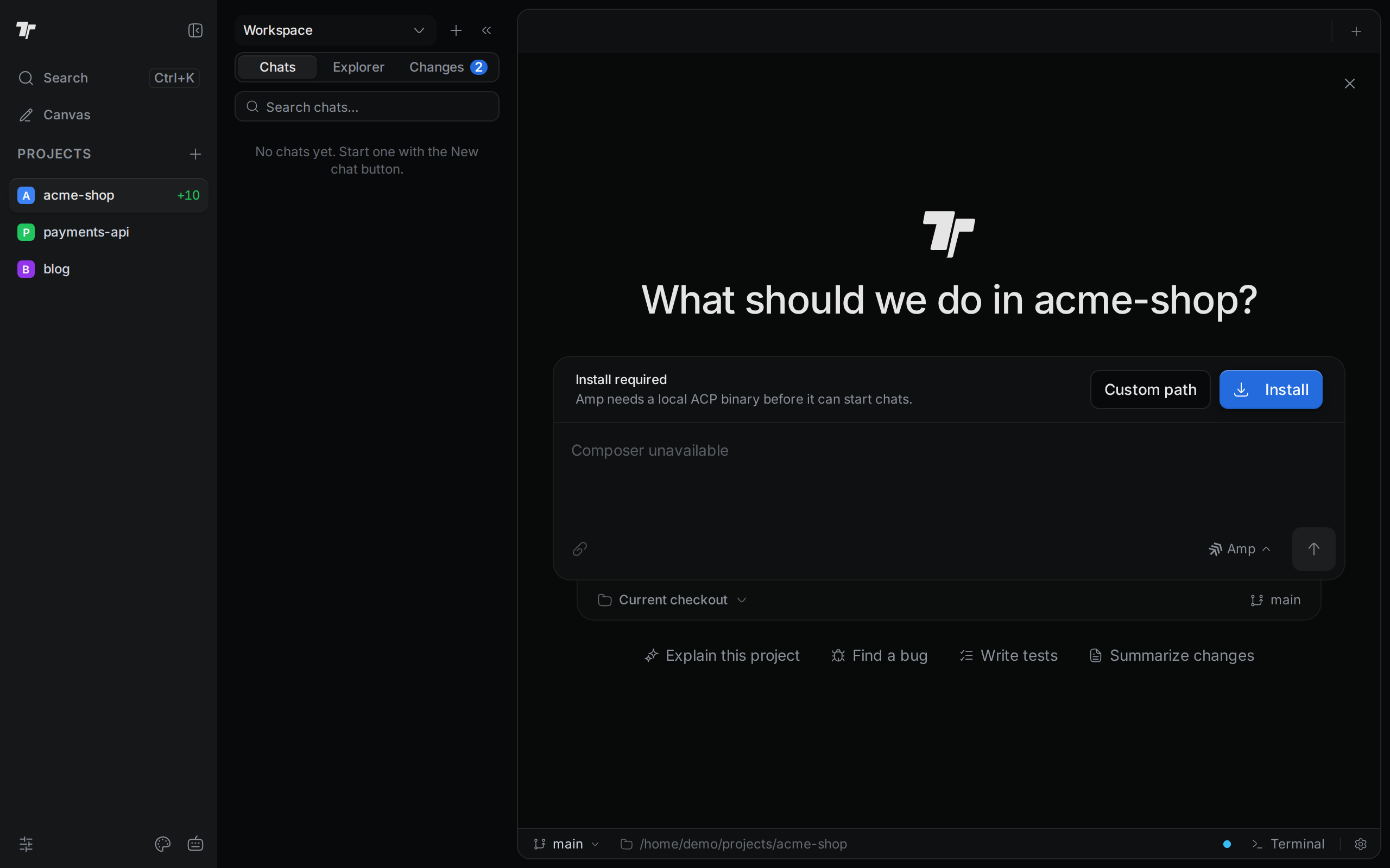 A new chat with Amp selected. The Install required bar above the chat box has Custom path and Install buttons.
