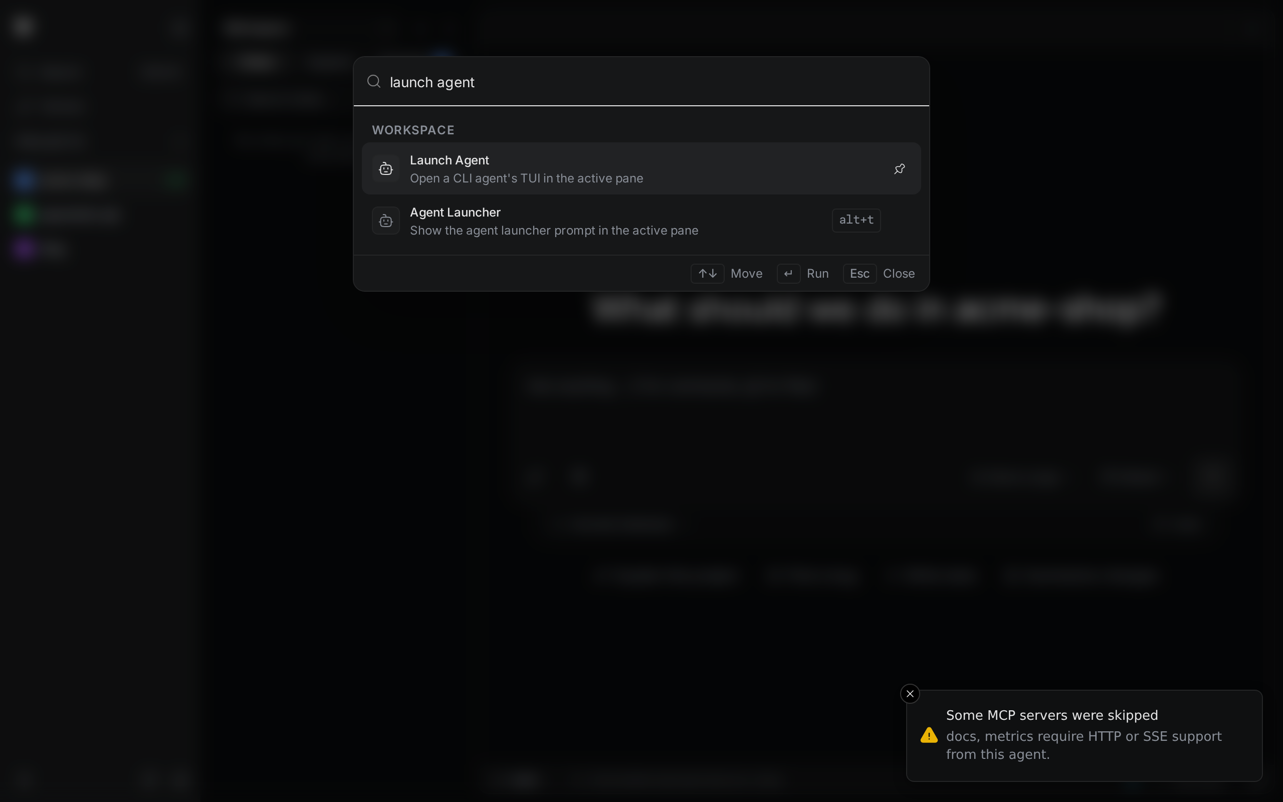 The command palette filtered to launch agent, showing Launch Agent and Agent Launcher