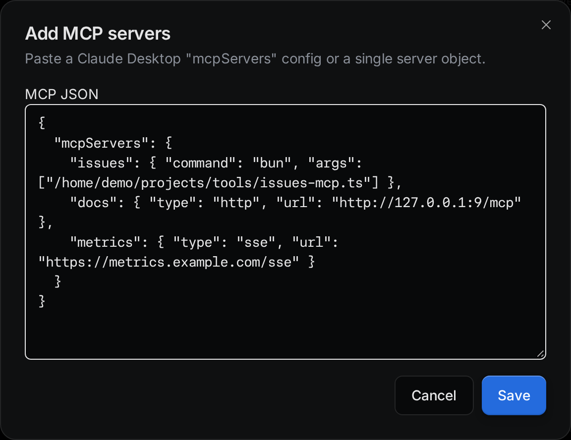 The Add MCP servers dialog with three servers pasted in: issues, docs and metrics
