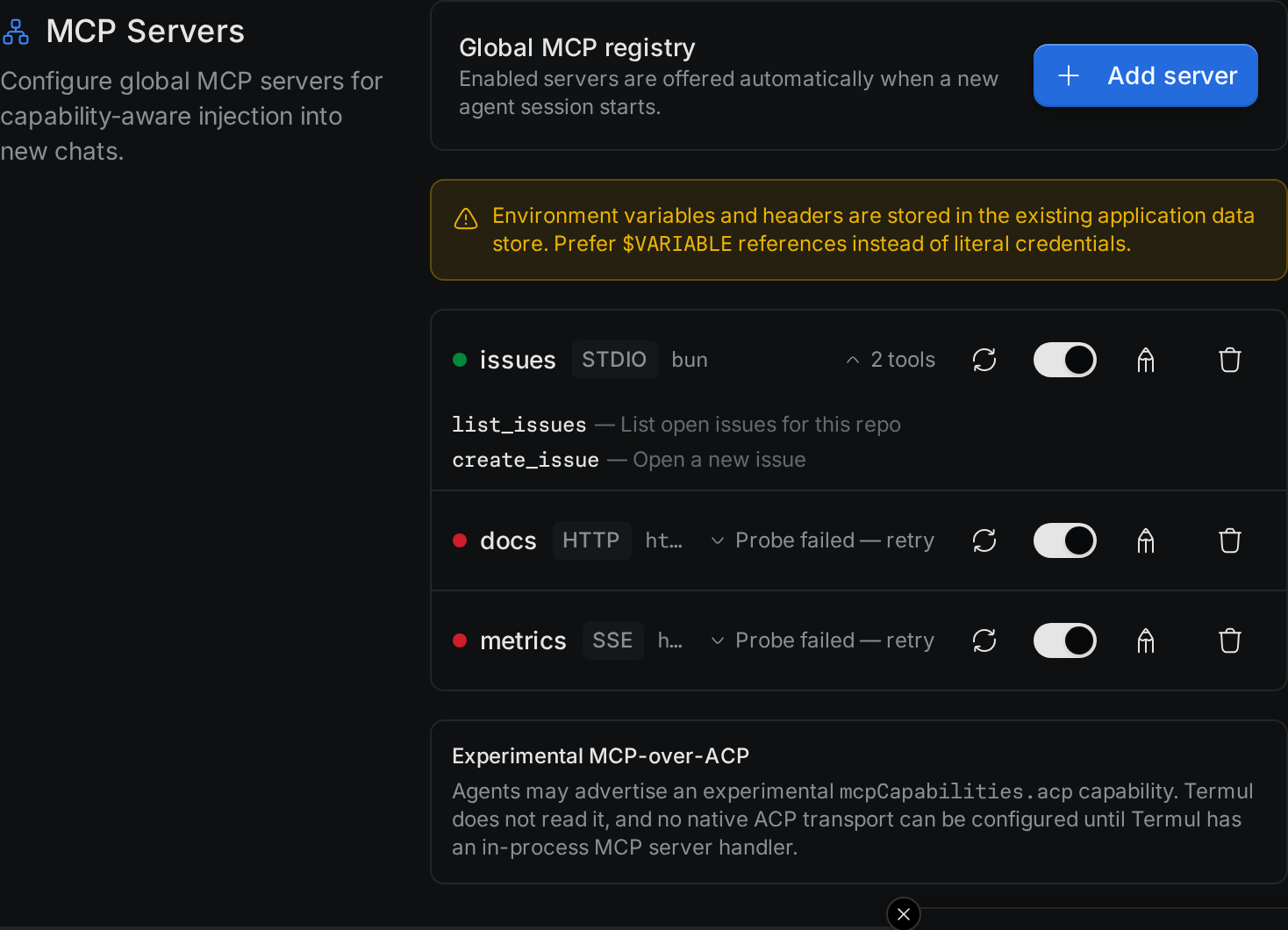 The MCP Servers list. The issues server has a green dot and its two tools are listed. The docs and metrics servers have red dots and say Probe failed.