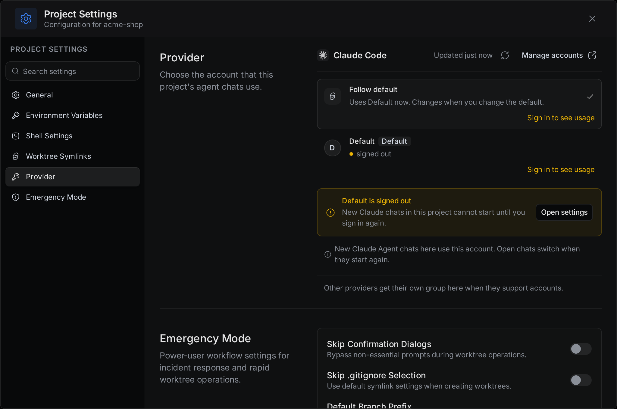 Project Settings for acme-shop, on the Provider page, with Follow default selected