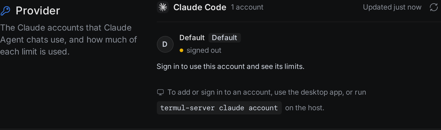 The Provider page in the browser version, with one account named Default that is signed out, and a note that you sign in from the desktop app or the server