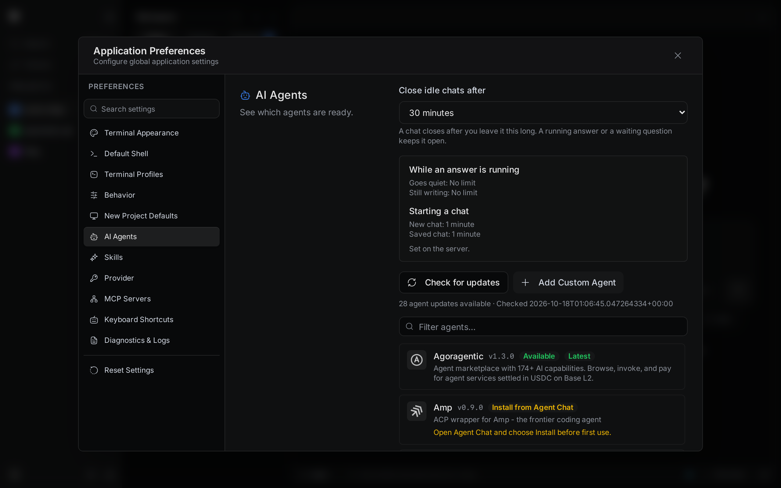 The AI Agents page in Settings, with the idle-chat timeout at the top and the list of agents below
