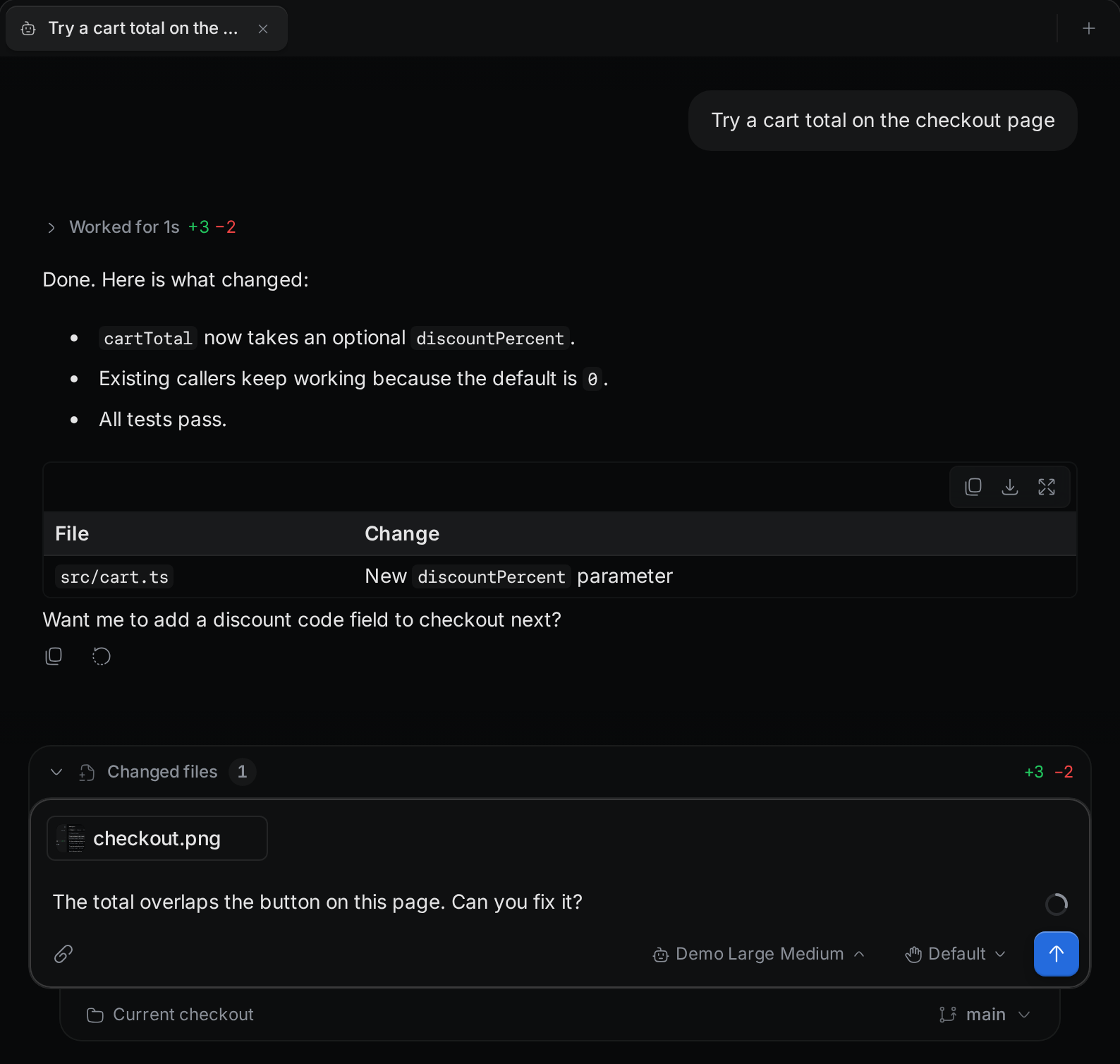 The message box with an attached screenshot named checkout.png and a question about it.