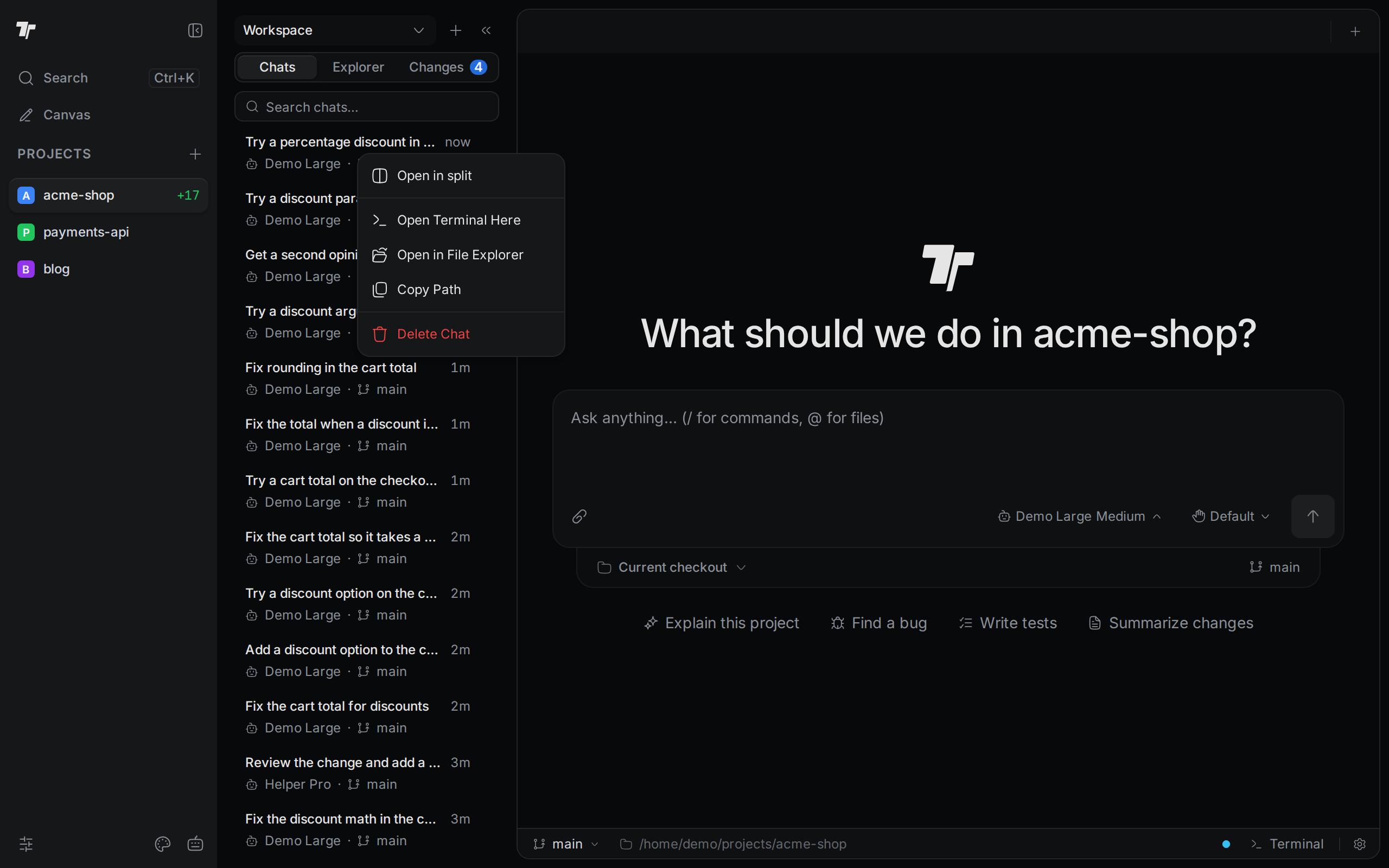 The Chats tab lists several chats. A menu is open on one of them with Open in split, Open Terminal Here, Open in File Explorer, Copy Path, and Delete Chat.