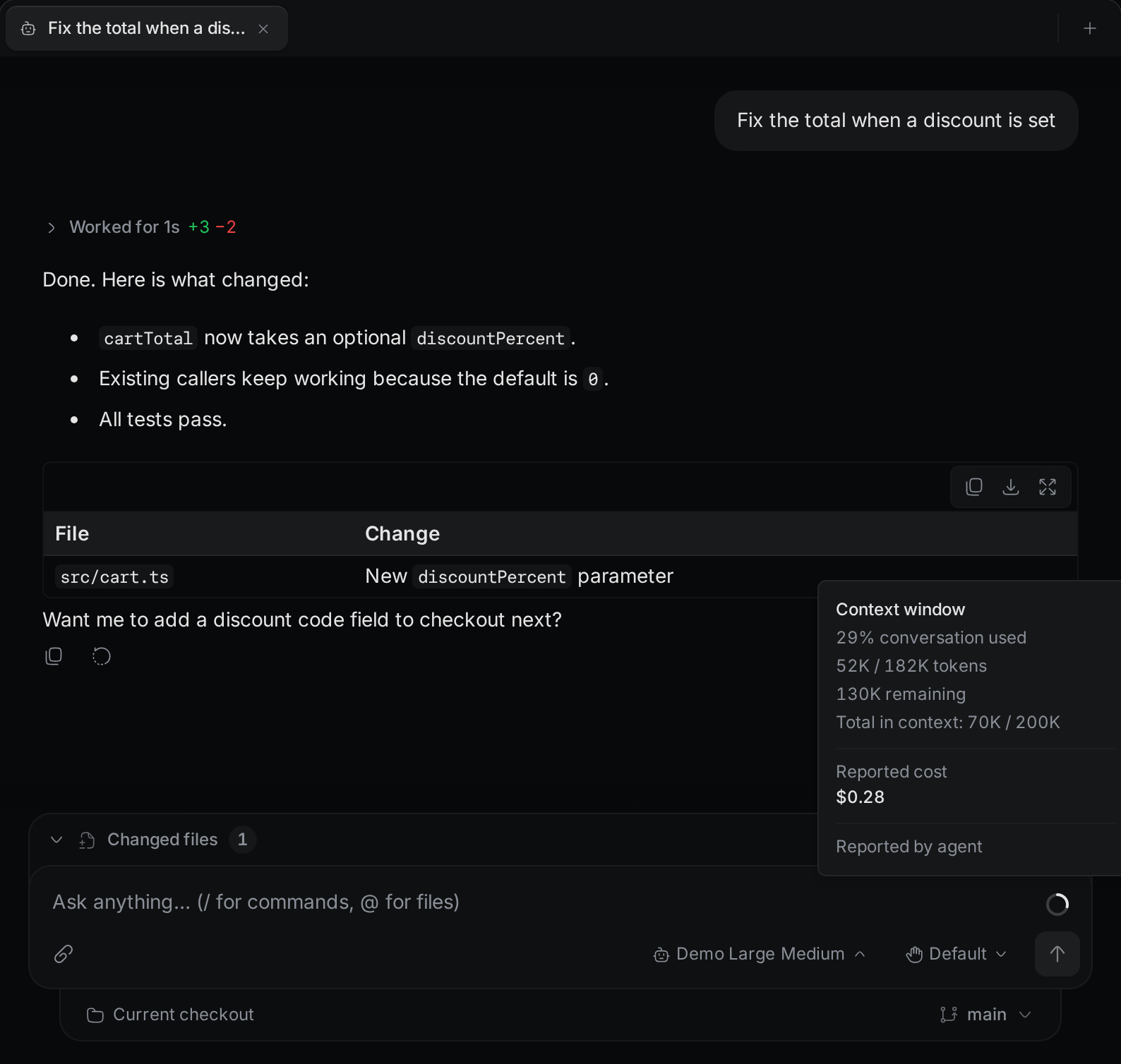 The Context window popover shows 29% conversation used, 130K tokens remaining, and a reported cost.