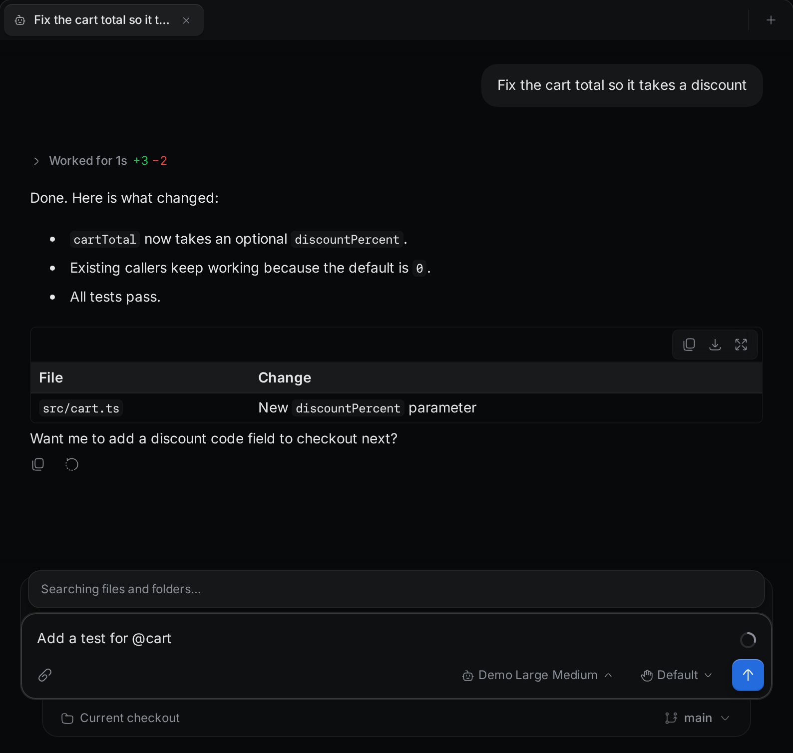 The file menu after typing "@cart" shows src/cart.ts under Files.