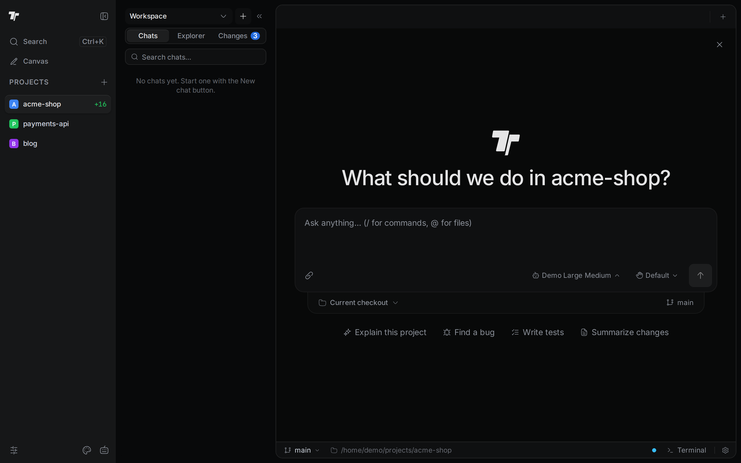 The agent launcher asks "What should we do in acme-shop?" above a message box. Four starter prompts sit under the box.