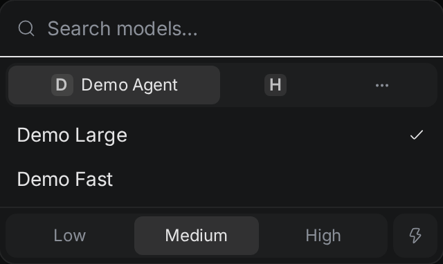 The model panel. The first agent tab is selected and lists two models. A row with Low, Medium, and High and a lightning button is at the bottom.