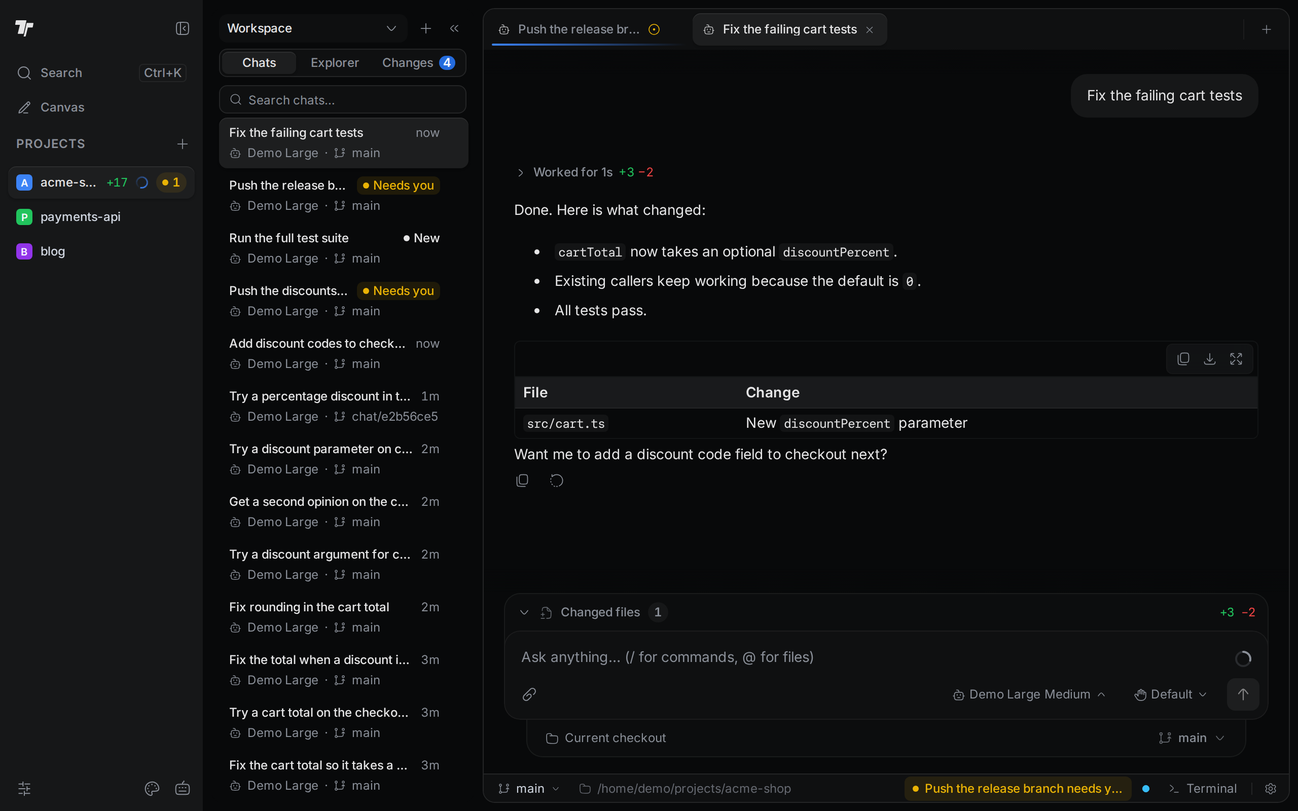 Two chats in the Chats list show "Needs you". The waiting chat's tab has a yellow dot, the project name has a yellow count, and the status bar says "Push the release branch needs you".