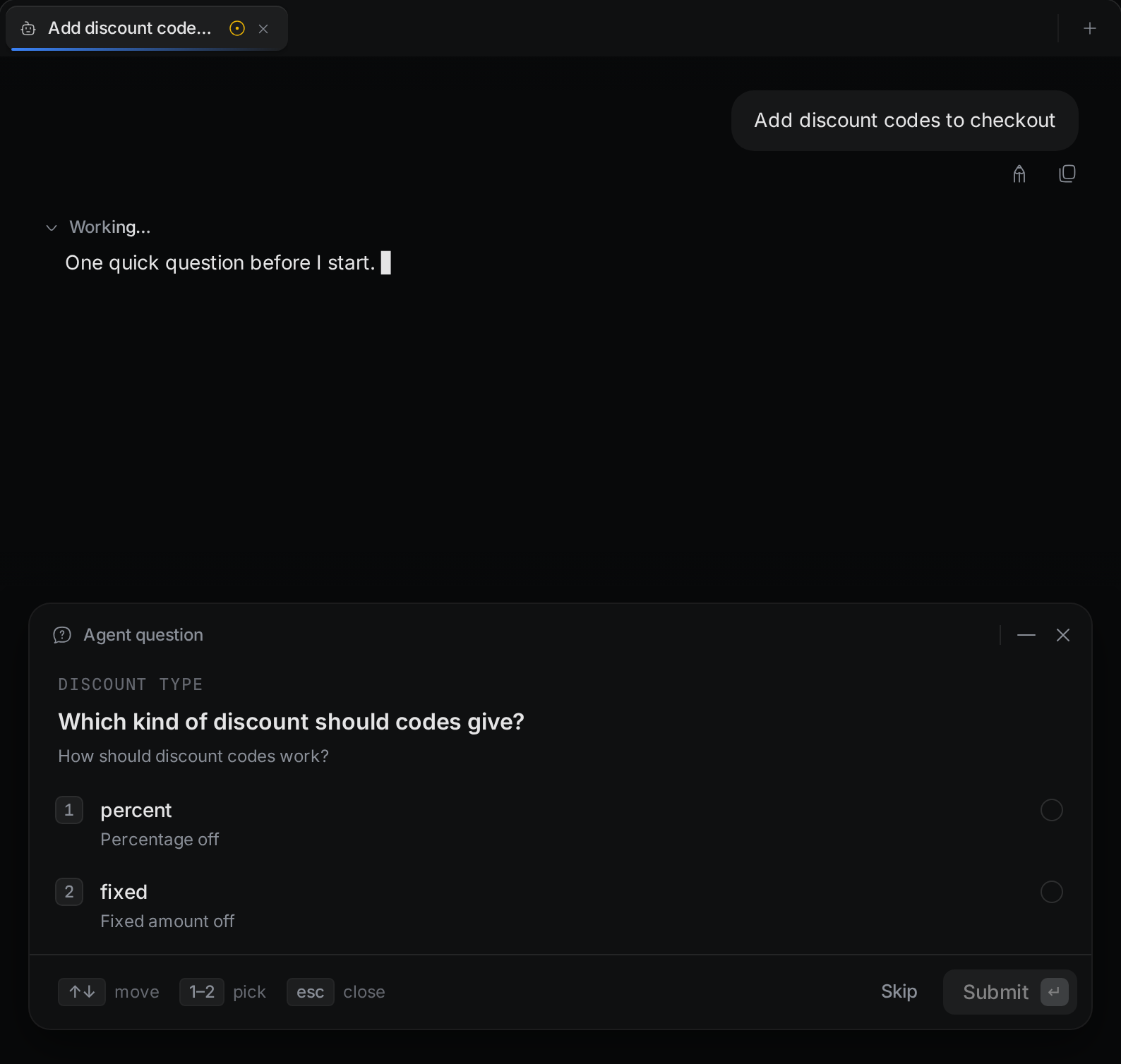The Agent question panel asks "Which kind of discount should codes give?" It has two numbered options, a Skip button, and a Submit button.
