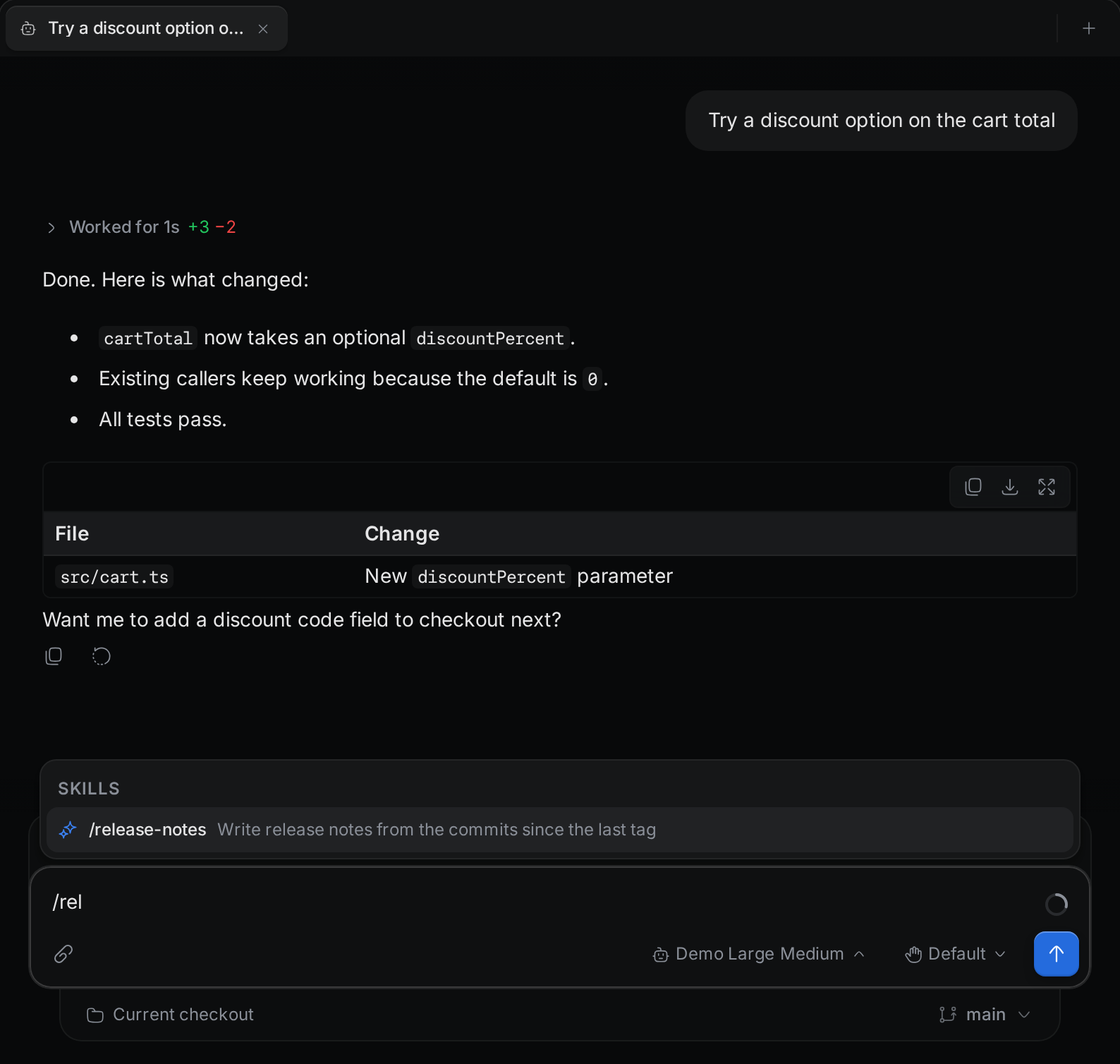 The slash menu above the message box after typing "/rel". It lists the release-notes skill under Skills.