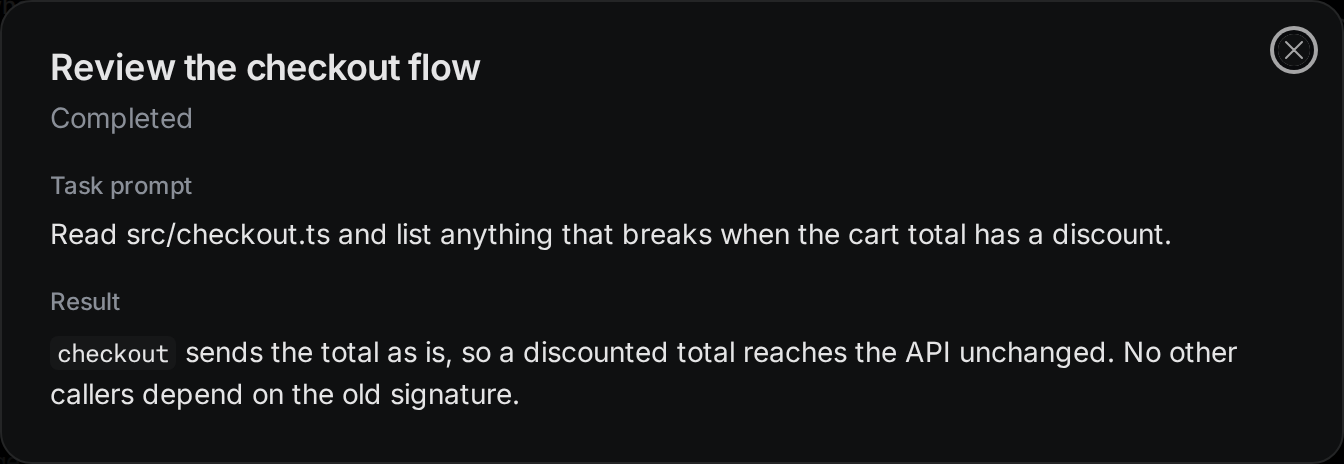 The details of a subagent step named "Review the checkout flow". It shows Completed, the task prompt, and the result.