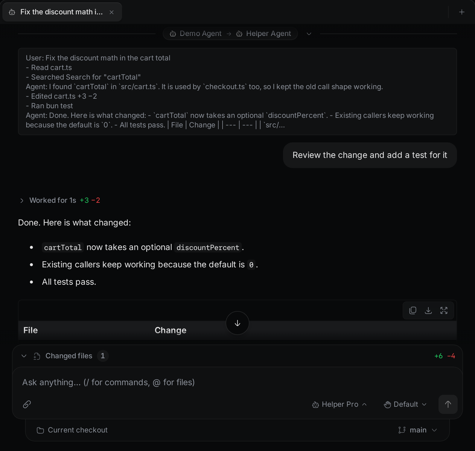 After the switch, a row with both agents' names and an arrow between them separates the old reply from the summary the new agent received. Your next message and the new agent's reply follow the summary.