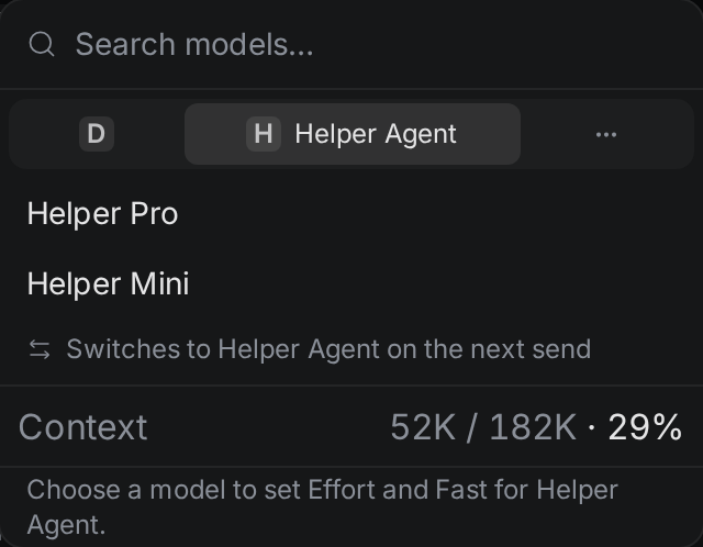 The model panel in a chat with a second agent's tab selected. It lists that agent's two models and says that the chat switches to it on the next send.
