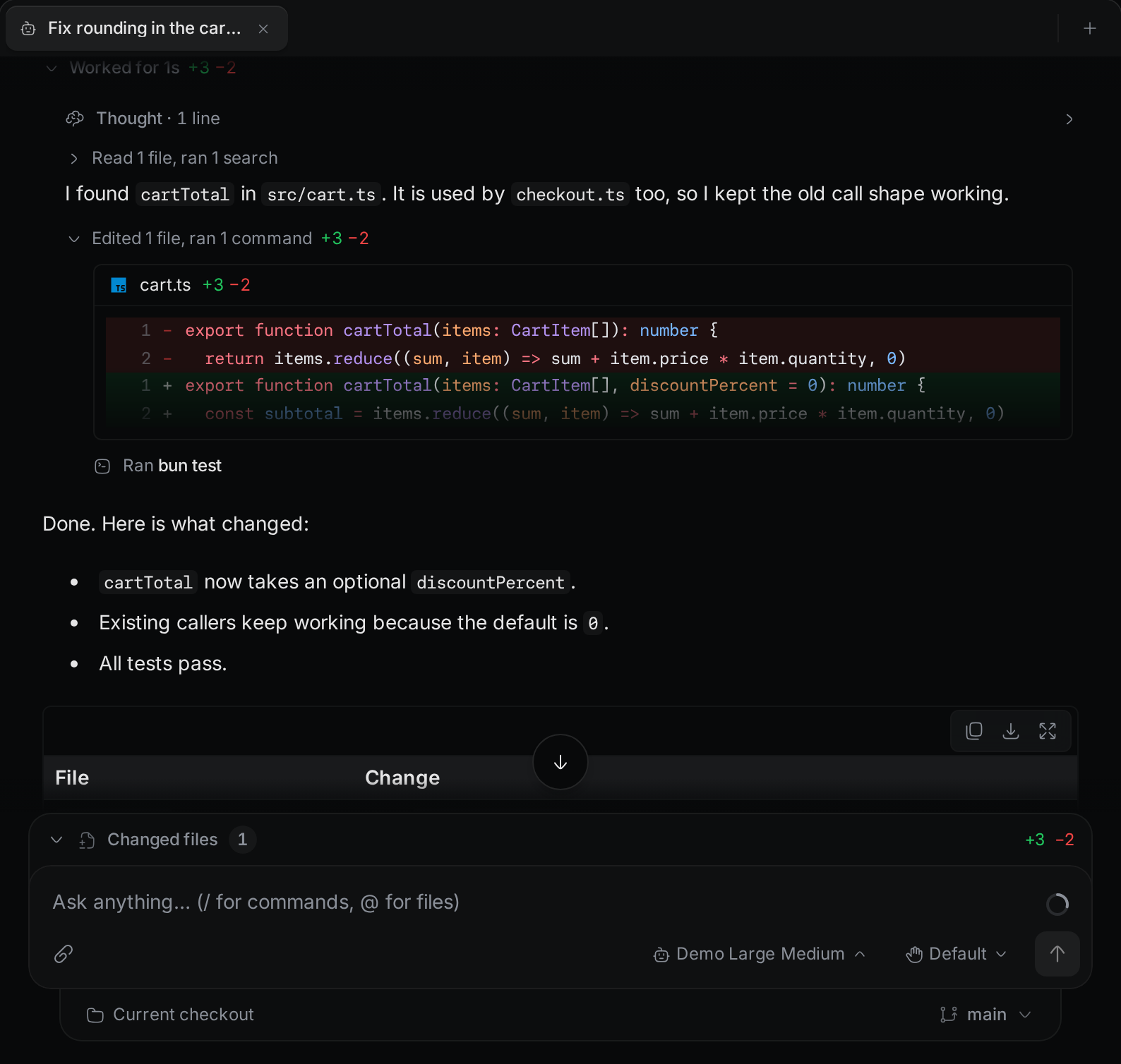 An opened step list. A Thought row and a group of reads come first. The opened "Edited 1 file, ran 1 command" group shows a short diff of cart.ts, followed by "Ran bun test".