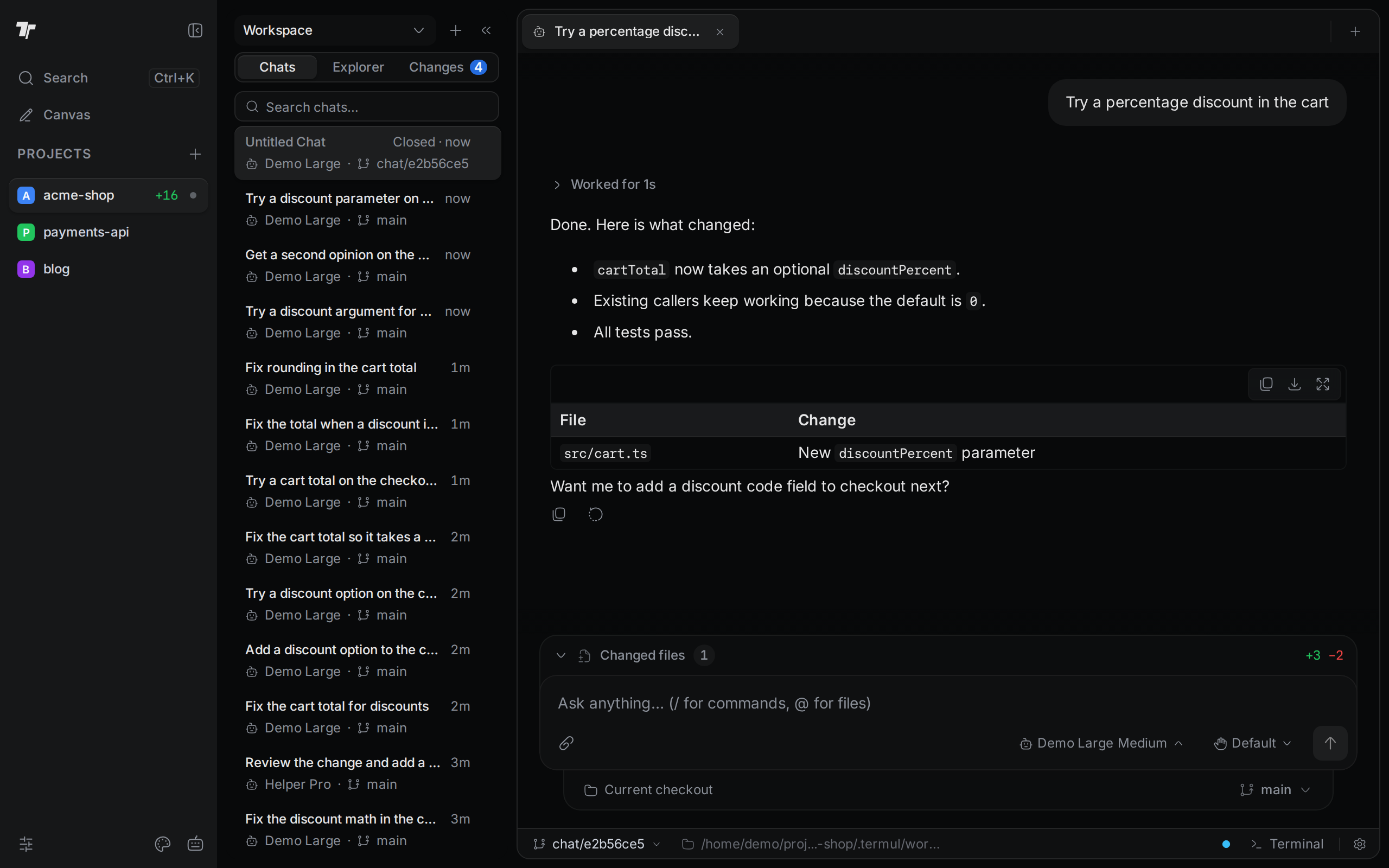 A chat that runs in a new worktree. Its card in the Chats list and the strip under the message box both show the branch chat/ followed by a short id.
