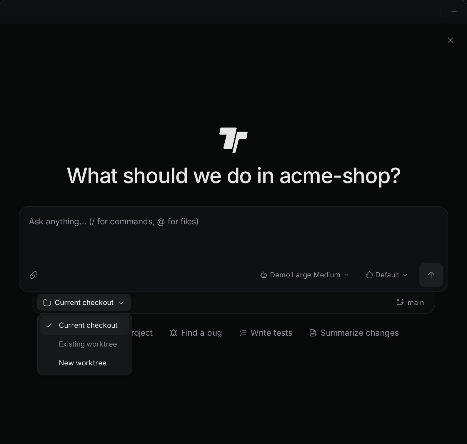 The workspace menu under the launcher box, open on Current checkout, Existing worktree, and New worktree.