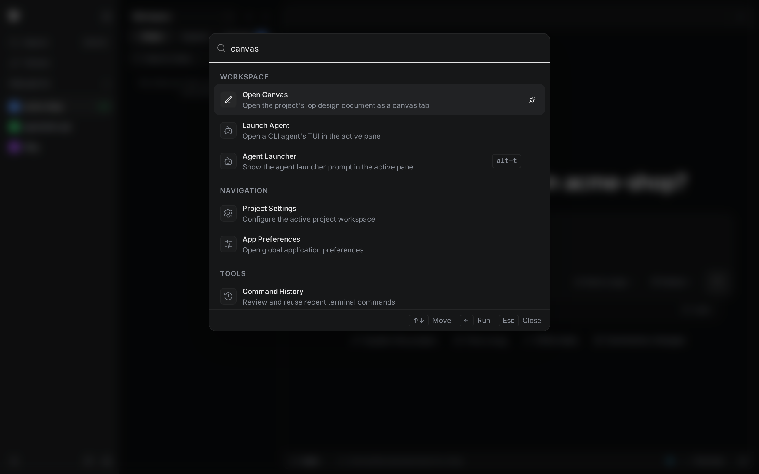 The command palette filtered to canvas, with Open Canvas at the top