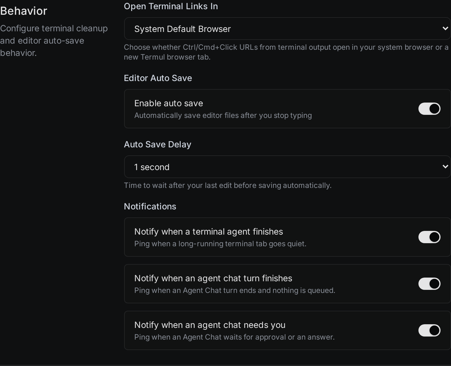 The Behavior settings with Enable auto save turned on and a delay of 1 second