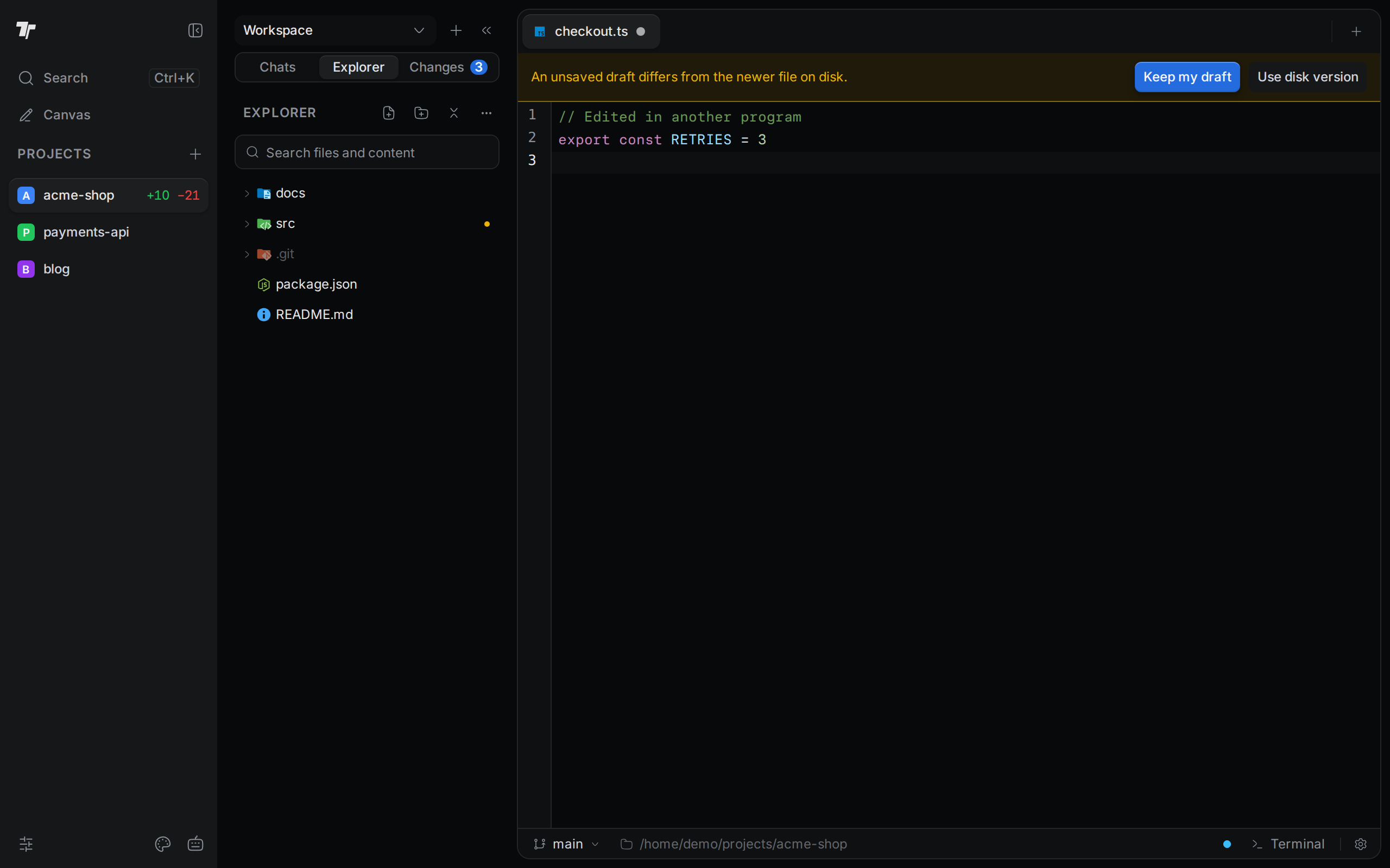 The banner above checkout.ts with the Keep my draft and Use disk version buttons