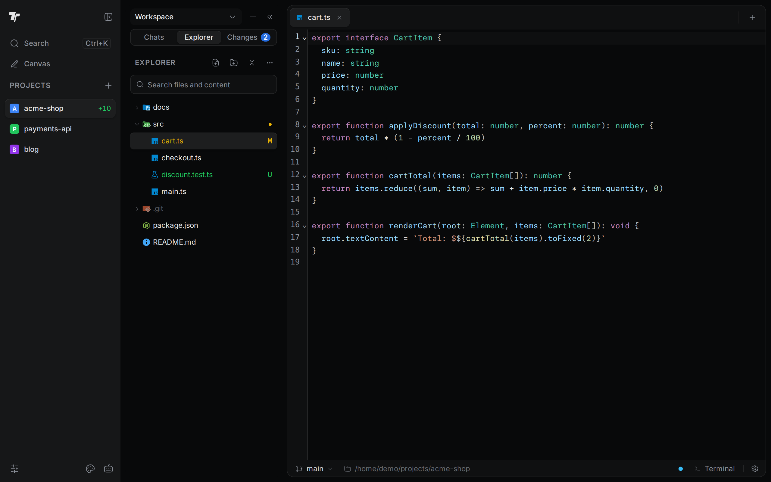 The Explorer tab lists the acme-shop files, and cart.ts is open in the editor