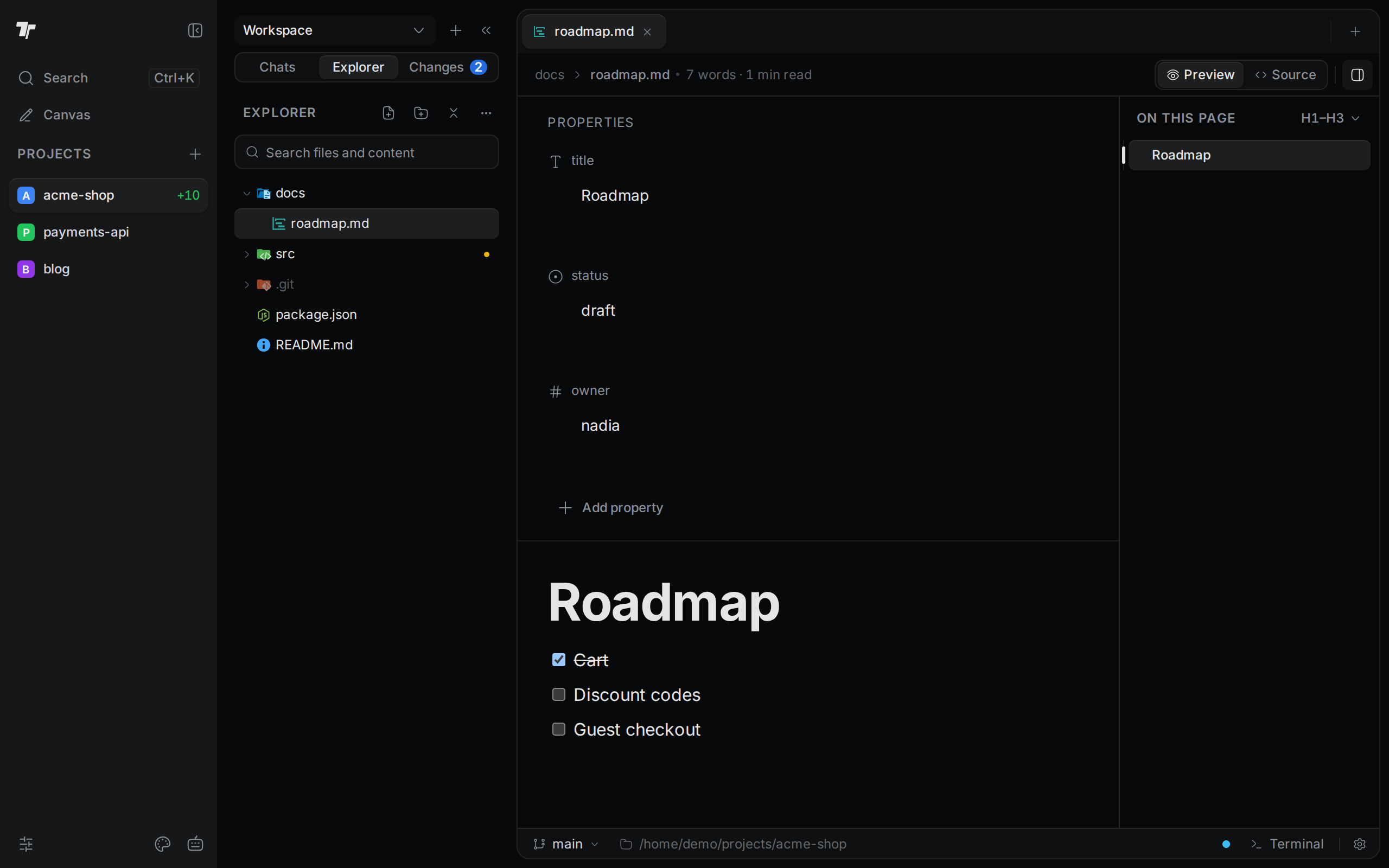 roadmap.md in Preview with its Properties at the top and the outline on the right