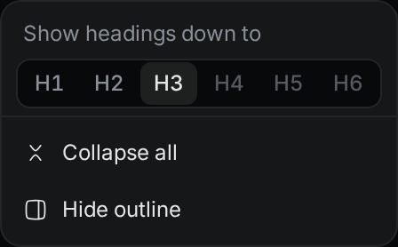 The depth menu with H3 picked and the Collapse all and Hide outline items