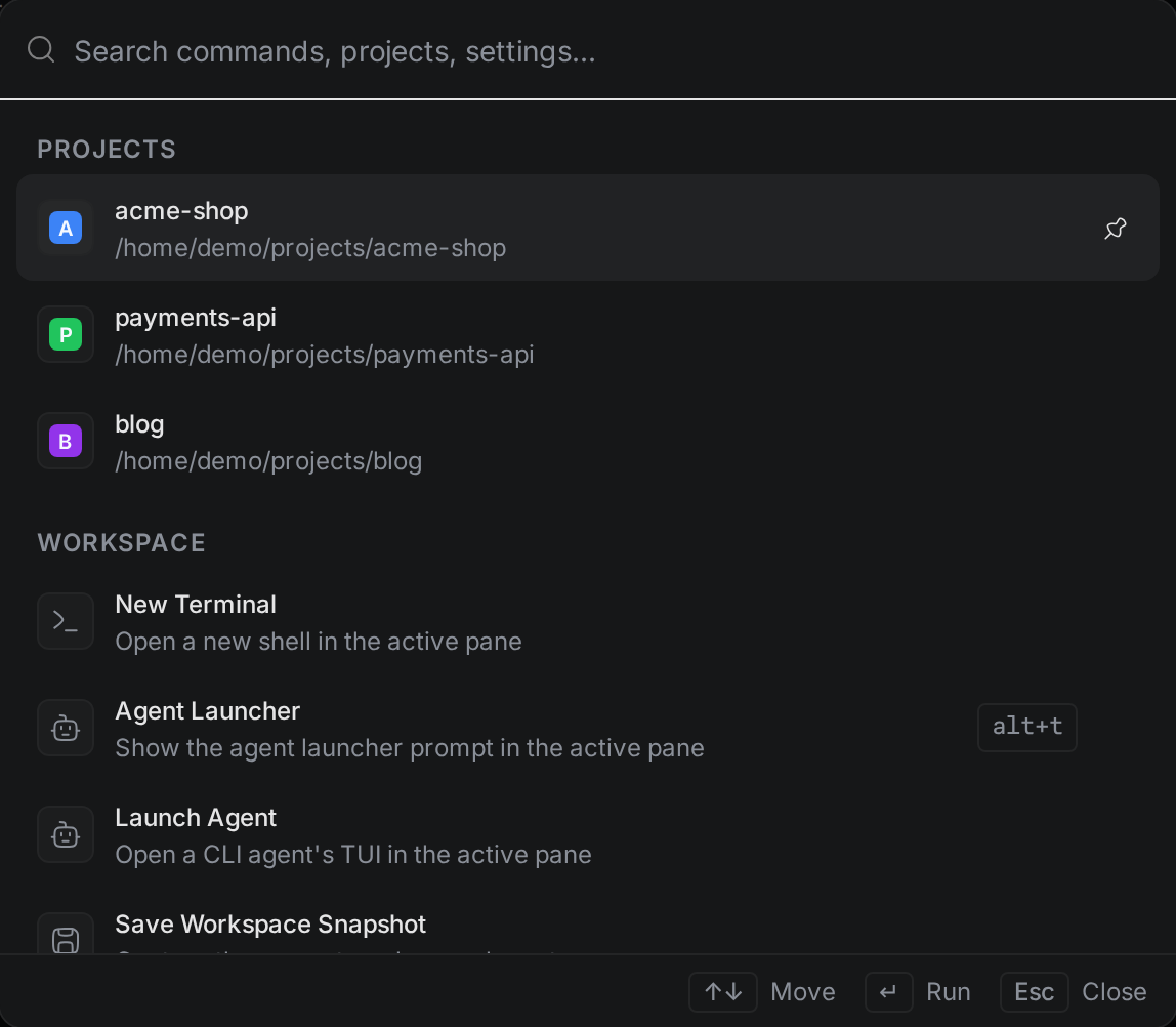 The command palette with the Projects group listing acme-shop, payments-api, and blog, and the Workspace group with New Terminal, Agent Launcher, Launch Agent, and Save Workspace Snapshot