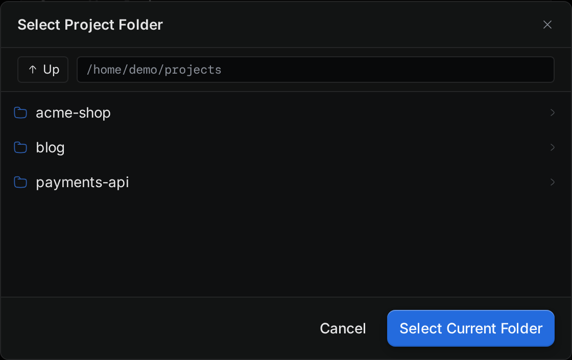 The Select Project Folder window showing the folders inside /home/demo-getting-started/projects
