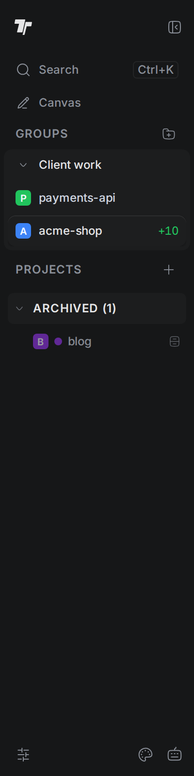 The projects list with a Client work group that holds payments-api and acme-shop, and an Archived section with the blog project