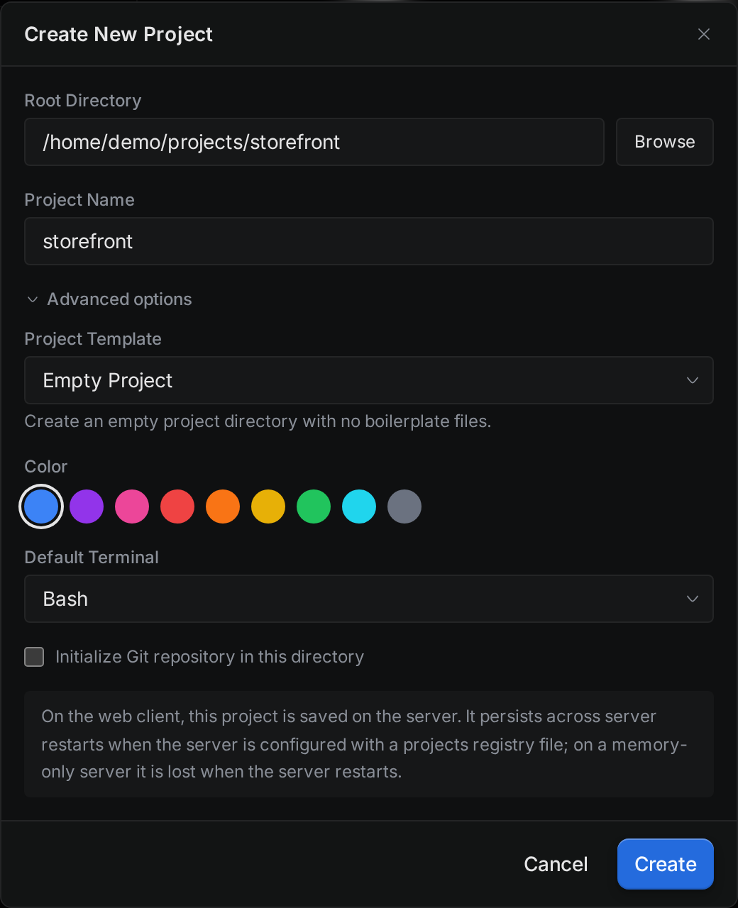 The Create New Project dialog with a folder path typed in, the project name filled in from the folder name, and Advanced options open