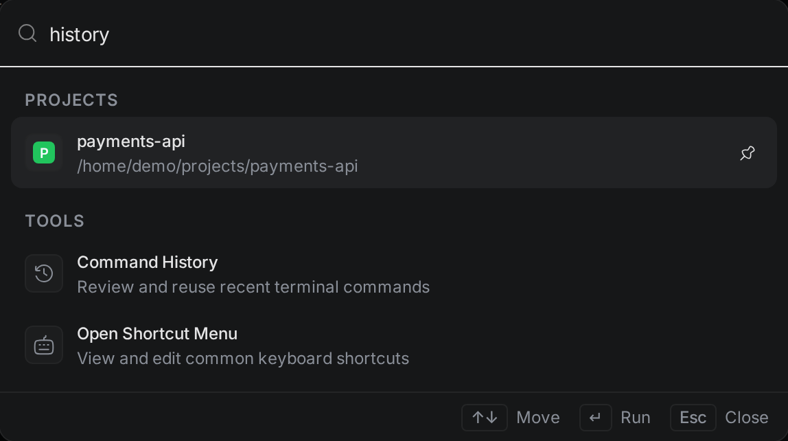 The command palette after typing history, showing the payments-api project, Command History, and Open Shortcut Menu
