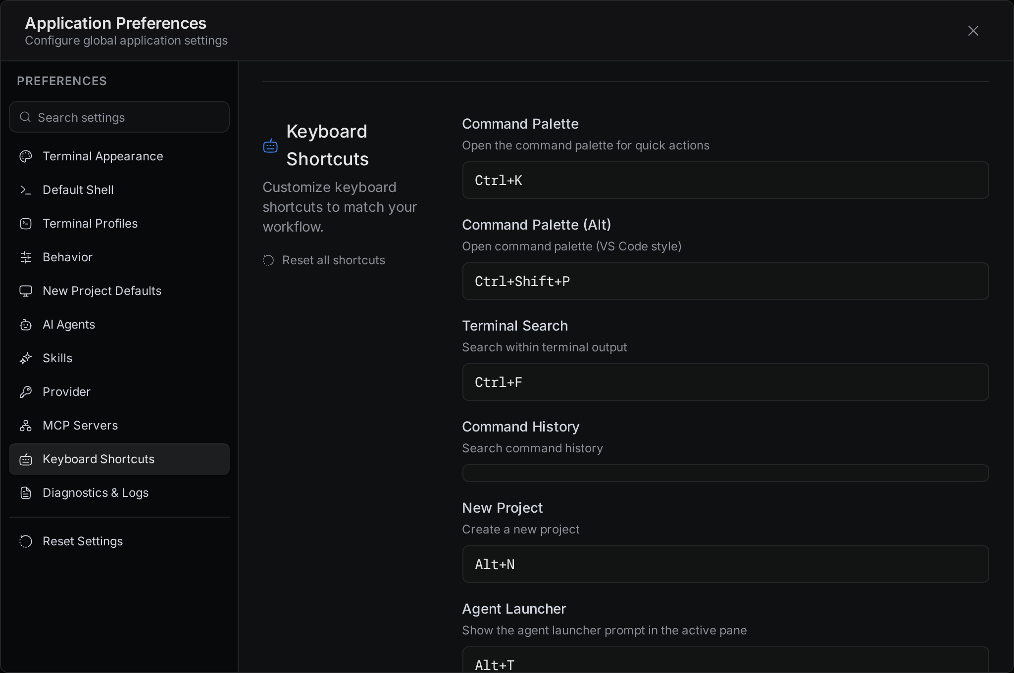 Settings open on the Keyboard Shortcuts page, with Command Palette set to Ctrl+K and New Project set to Alt+N in the browser