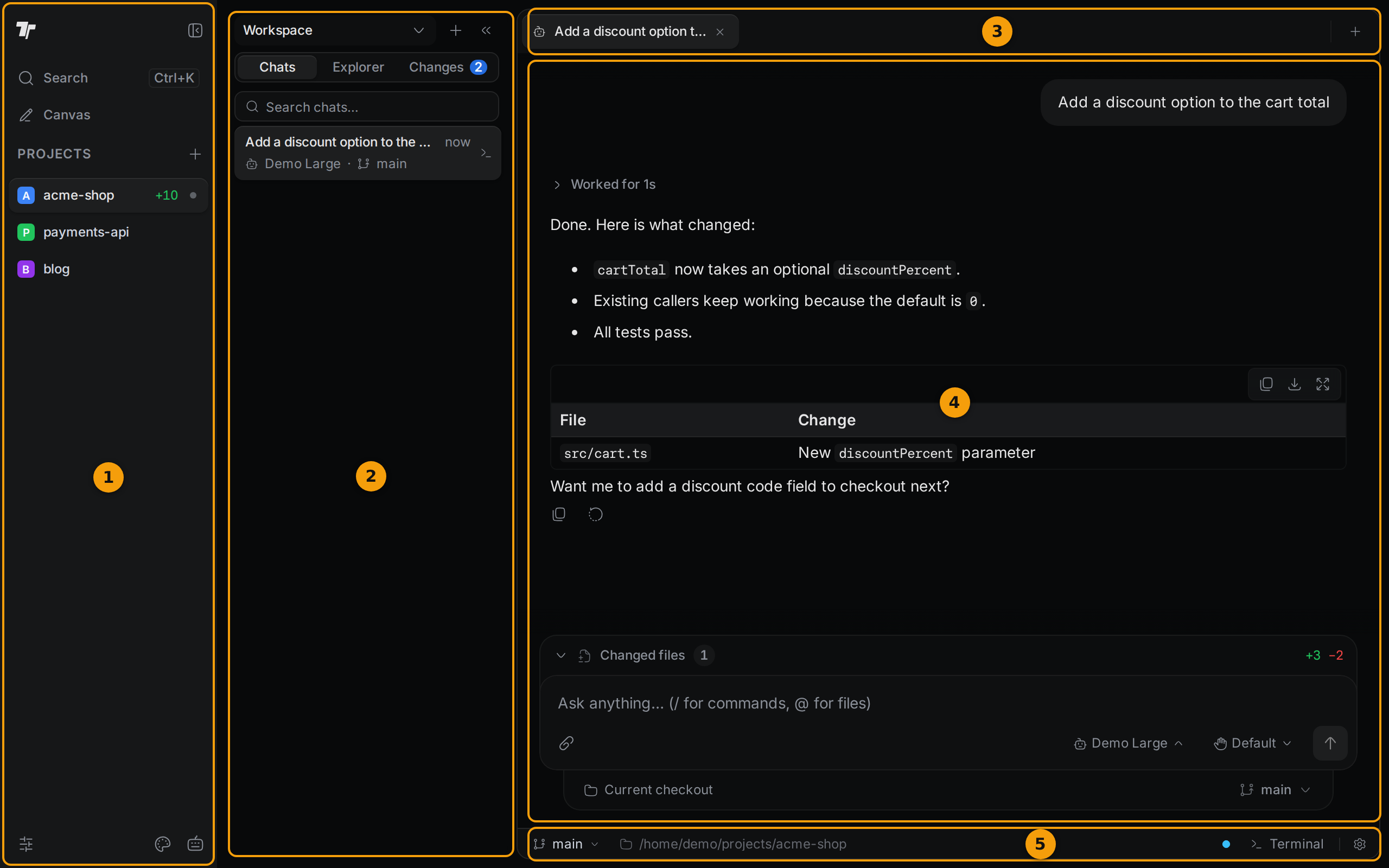 The Termul window with five numbered regions: 1 the projects list, 2 the side panel, 3 the tab bar, 4 the main area with an agent chat, 5 the status bar