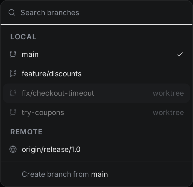 The branch picker open above the context bar, with a search box and the Local and Remote groups