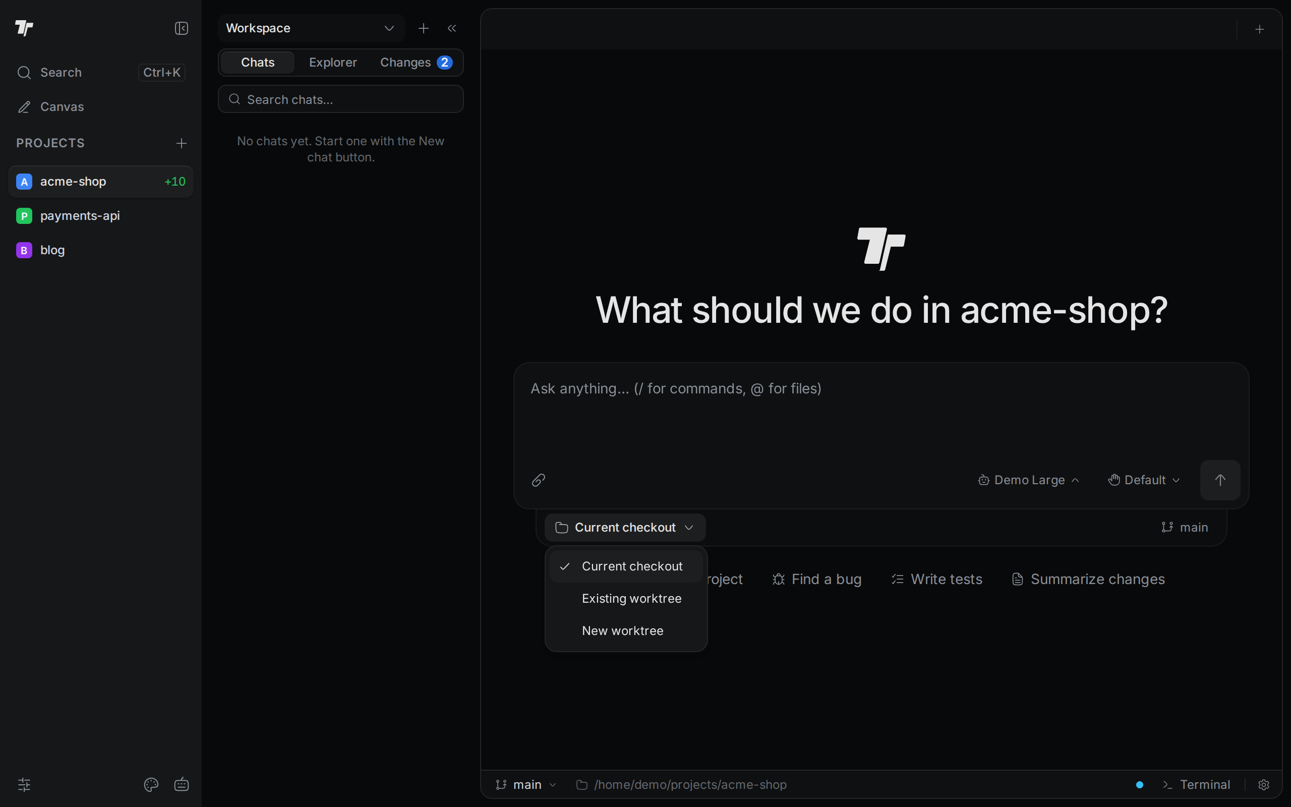 The Workspace menu below the prompt box, with Current checkout, Existing worktree, and New worktree