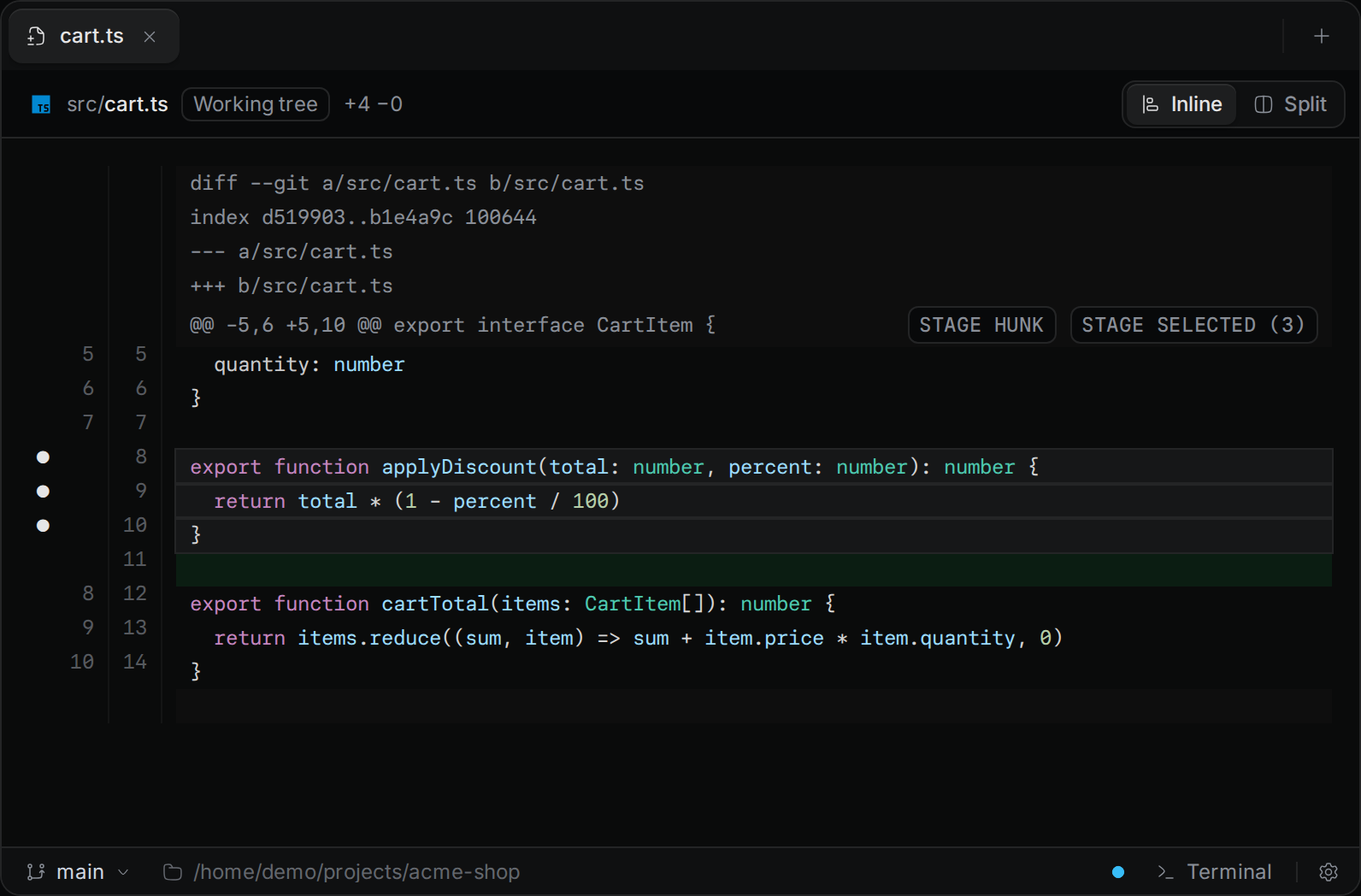 Two added lines selected in an inline diff, with the Stage selected button in the block header