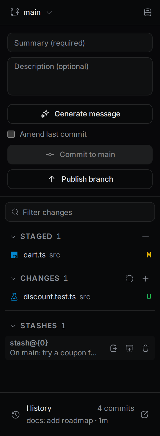 The Stashes section with one stash and its Apply, Pop, and Drop buttons