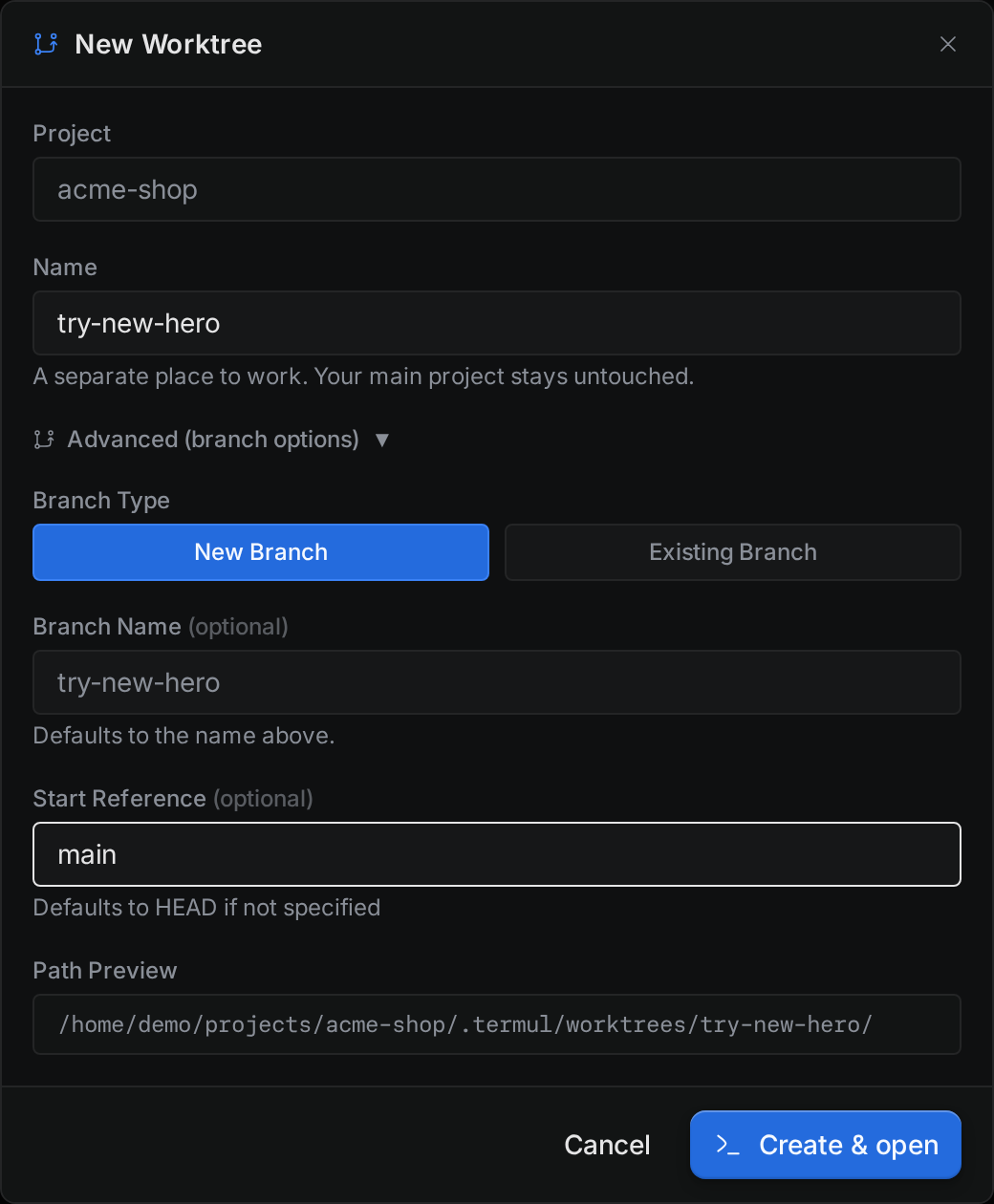 The Advanced branch options in the New Worktree dialog, set to New Branch with a start reference