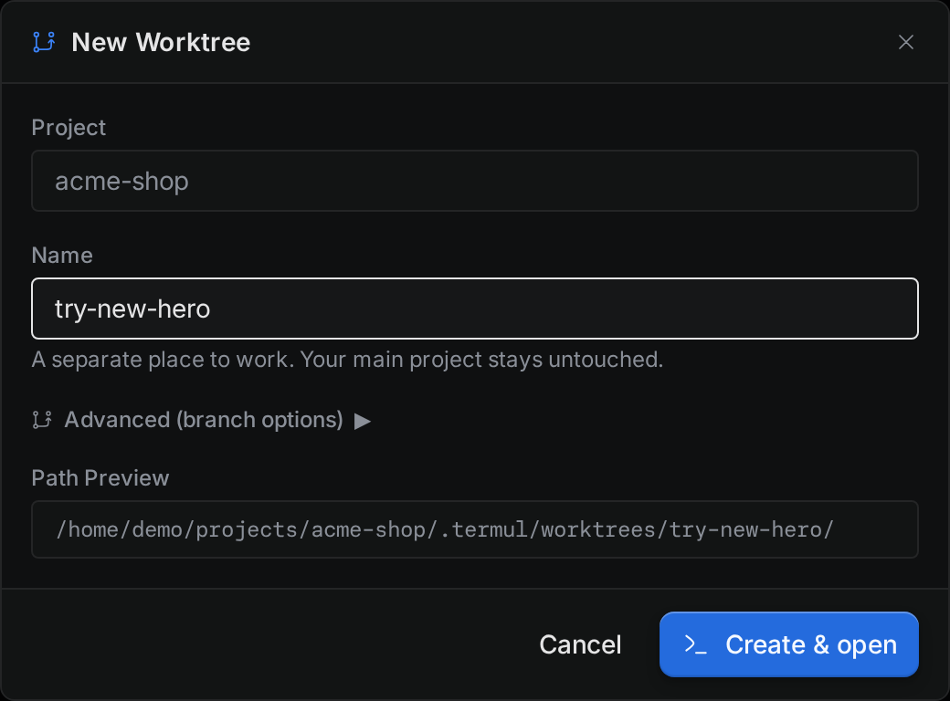 The New Worktree dialog with the name try-new-hero and the path preview