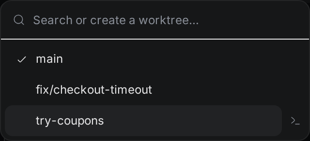 The worktree switcher with the project folder on main and the worktrees fix/checkout-timeout and try-coupons