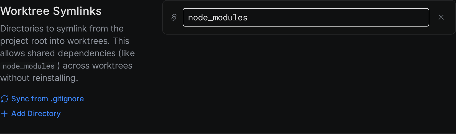 The Worktree Symlinks settings with node_modules in the list
