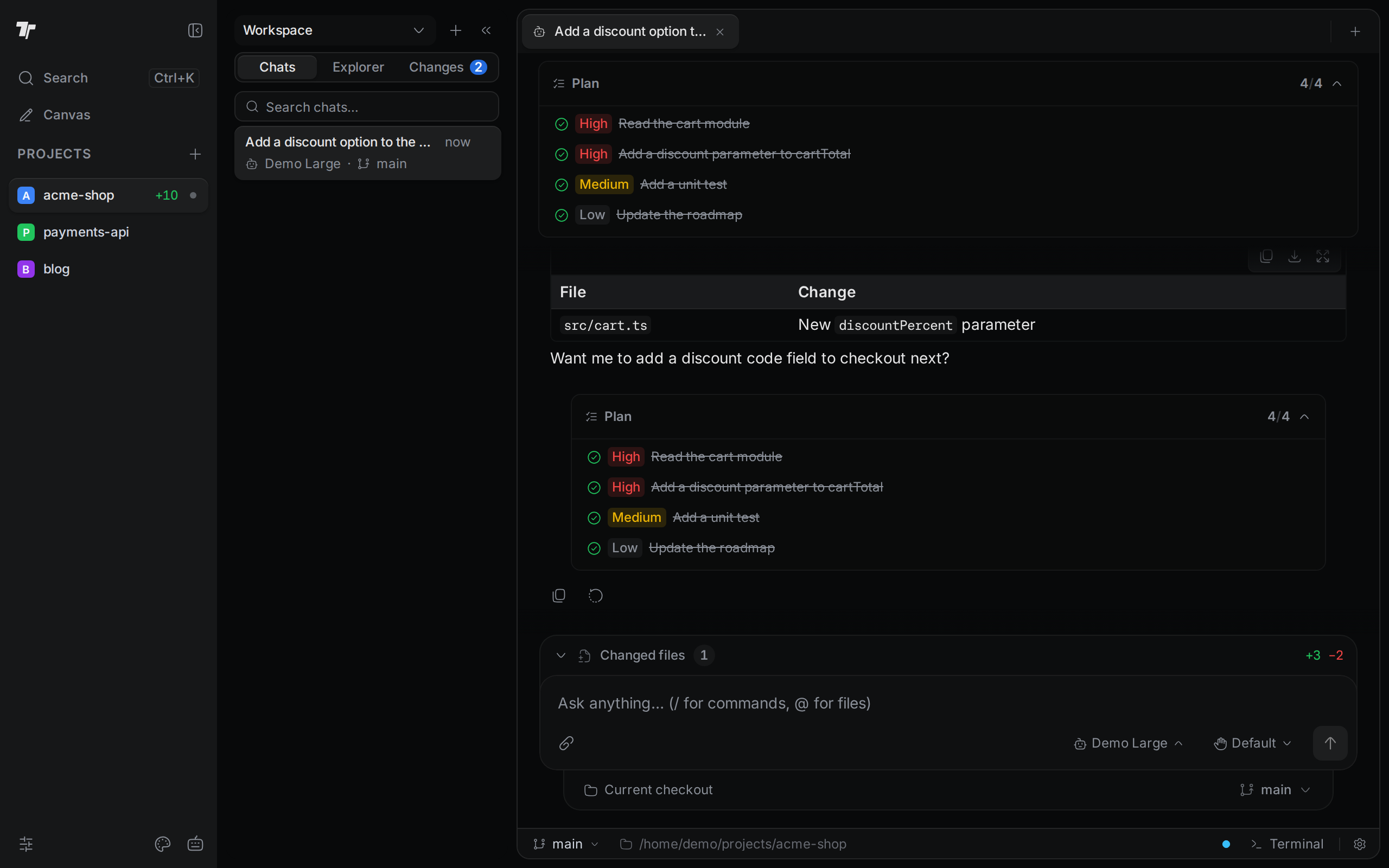 Termul with the acme-shop project open: the projects list on the left, the Chats tab in the side panel, and an agent chat that shows its plan and the files it changed