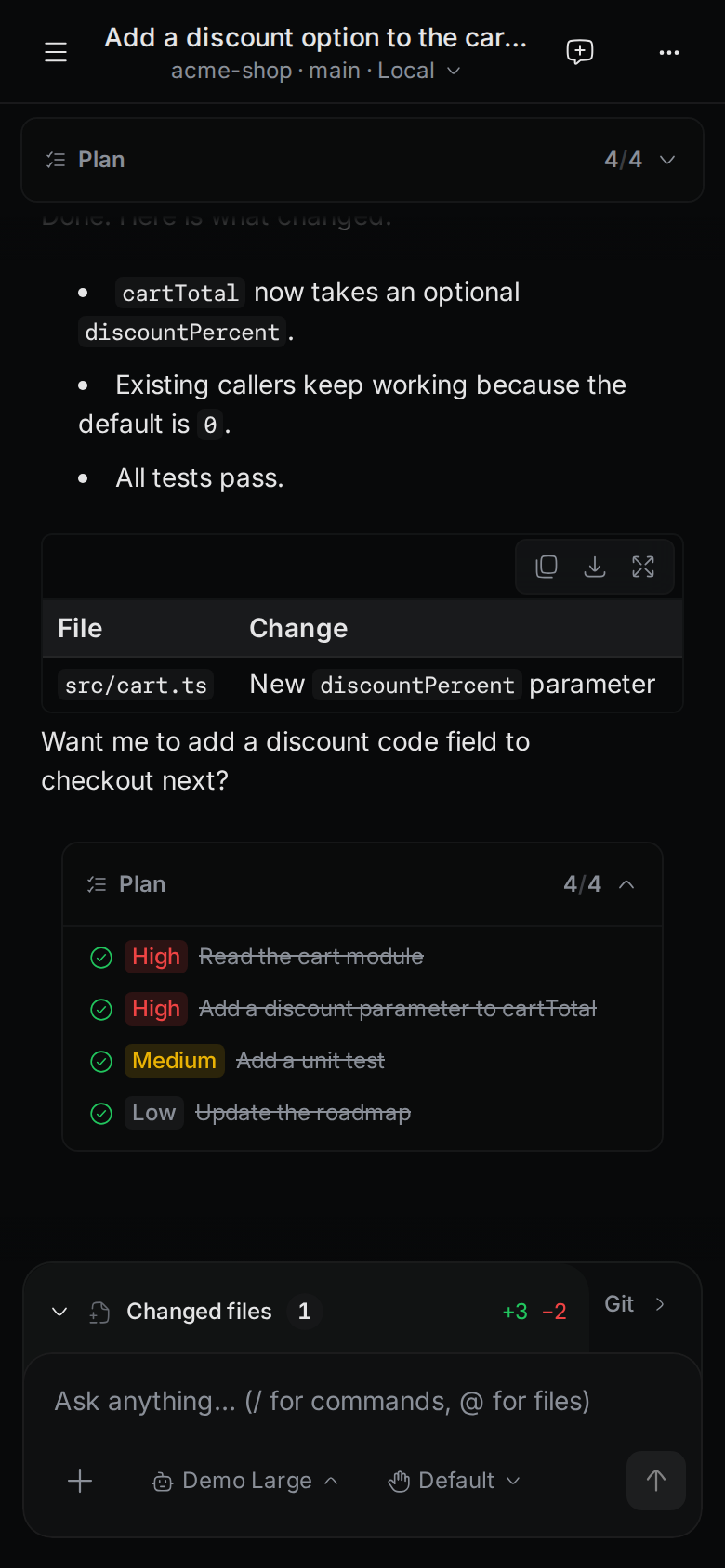 Termul on a phone, showing an agent chat in the acme-shop project