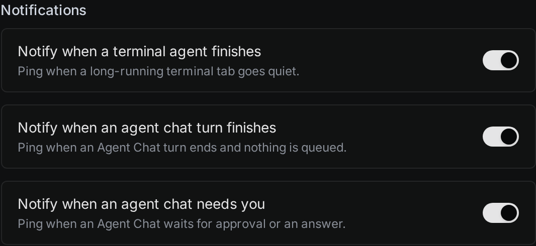 The Notifications settings with three switches, all turned on