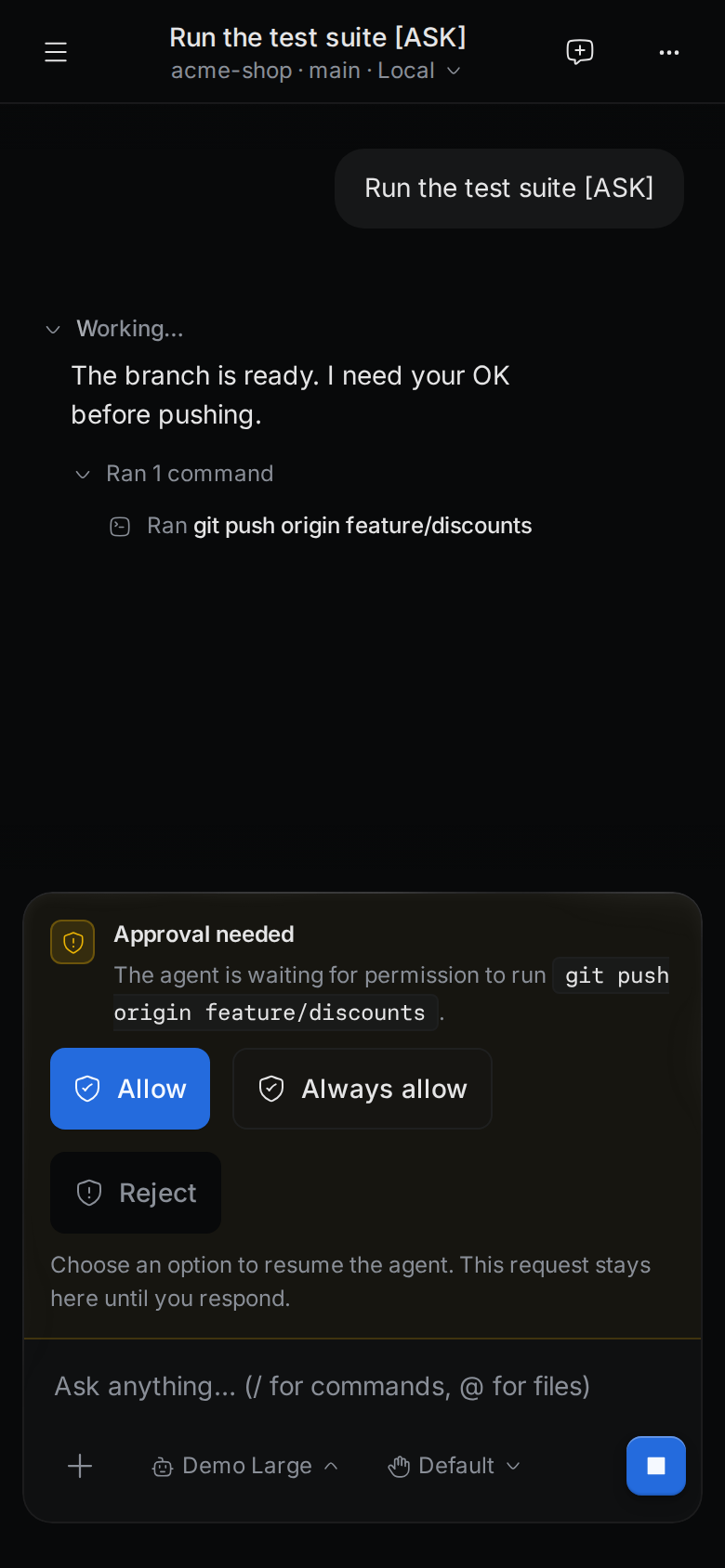An Approval needed card on a phone with Allow, Always allow and Reject buttons